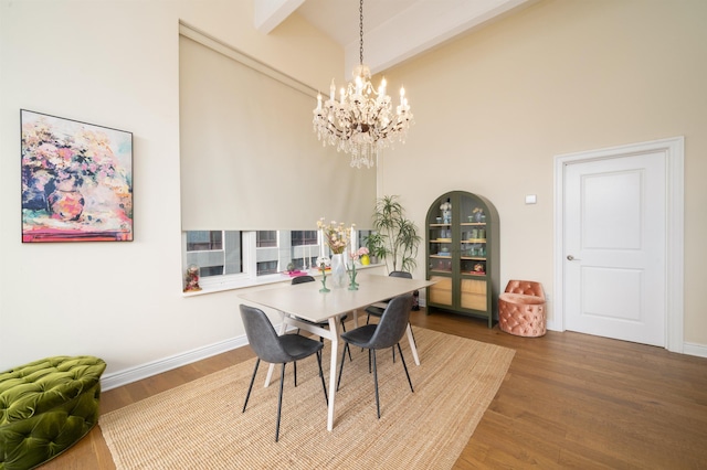 1500 Hudson St Unit 7R, Hoboken, NJ 07030 - dining space featuring a chandelier, wood finished floors, beam ceiling, and a high ceiling