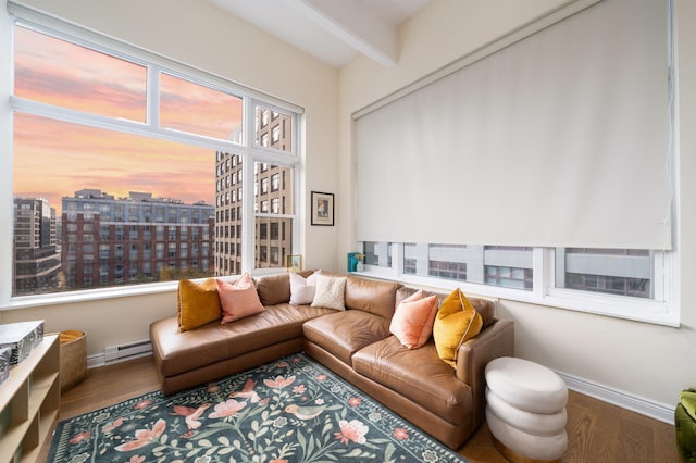 1500 Hudson St Unit 7R, Hoboken, NJ 07030 - living room with a baseboard radiator, wood finished floors, beam ceiling, and a city view
