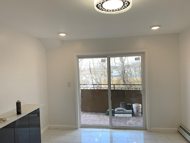 1604 74th St Unit 202, North Bergen, NJ 07047 - doorway featuring baseboard heating, baseboards, light marble finish flooring, and recessed lighting