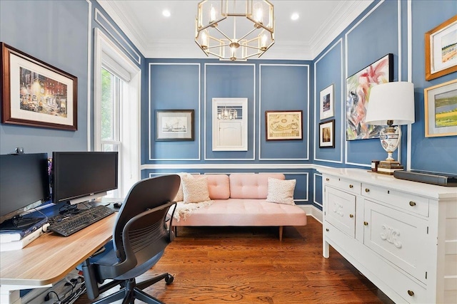 324 Hudson St # 1, Hoboken, NJ 07030 - office featuring a decorative wall, ornamental molding, a chandelier, and dark wood-type flooring