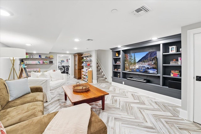 324 Hudson St # 1, Hoboken, NJ 07030 - living area featuring built in shelves, stairs, recessed lighting, and baseboards