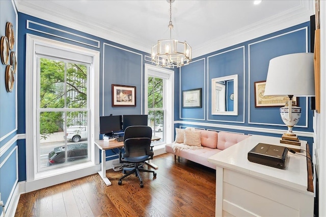 324 Hudson St # 1, Hoboken, NJ 07030 - home office featuring a decorative wall, a chandelier, crown molding, plenty of natural light, and dark wood-type flooring