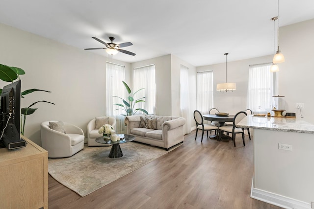 living area featuring a ceiling fan, wood finished floors, and a wealth of natural light