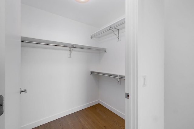 walk in closet with dark hardwood / wood-style flooring