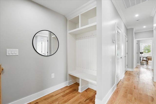 181 Bartholdi Ave Unit 2, Jersey City, NJ 07305 - mudroom featuring ornamental molding, light wood-style flooring, baseboards, and recessed lighting