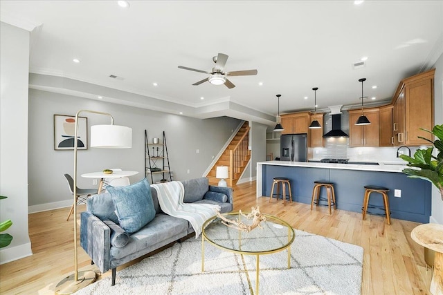 181 Bartholdi Ave Unit 2, Jersey City, NJ 07305 - living area featuring stairs, a ceiling fan, recessed lighting, baseboards, and light wood finished floors
