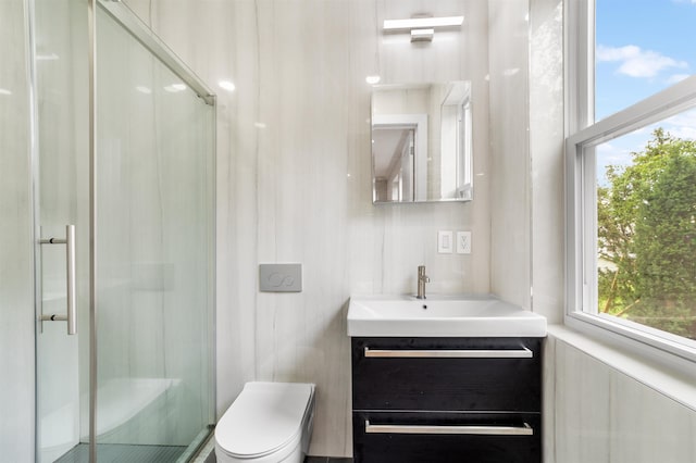 bathroom with vanity, toilet, and a shower with door