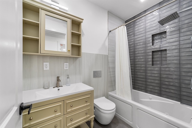 full bathroom with vanity, shower / bath combination with curtain, and toilet