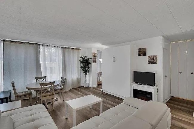 living area featuring a fireplace, a textured ceiling, and wood finished floors