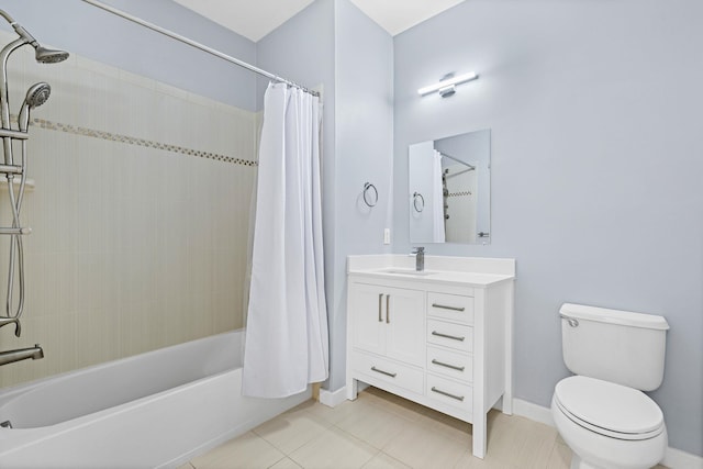 full bathroom featuring toilet, shower / tub combo, vanity, and tile patterned floors