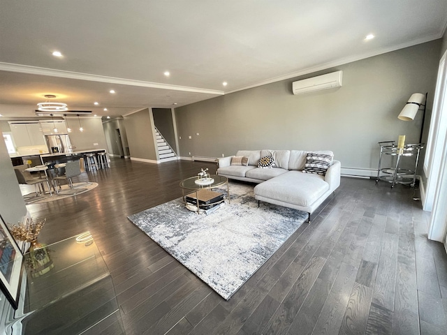 29 Carlton Ave Unit 2, Jersey City, NJ 07307 - living area with a wall mounted AC, ornamental molding, stairs, dark wood-style floors, and recessed lighting