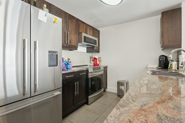 kitchen with dark brown cabinetry, appliances with stainless steel finishes, tasteful backsplash, a sink, and light tile patterned flooring