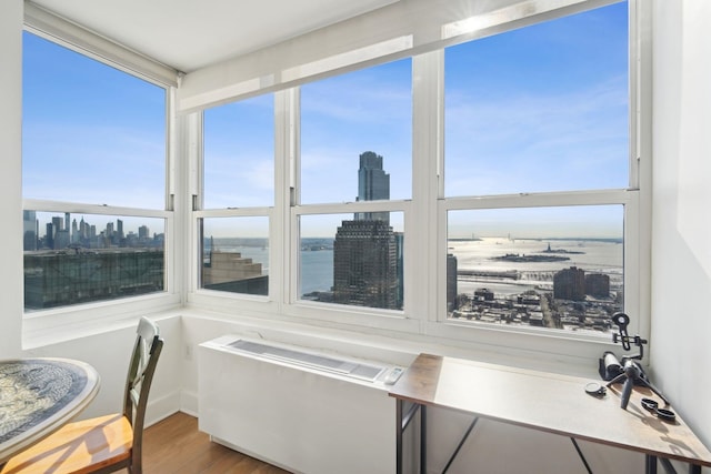 sunroom / solarium with a city view, a water view, and a wealth of natural light