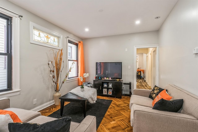 living room featuring radiator heating unit and dark parquet flooring