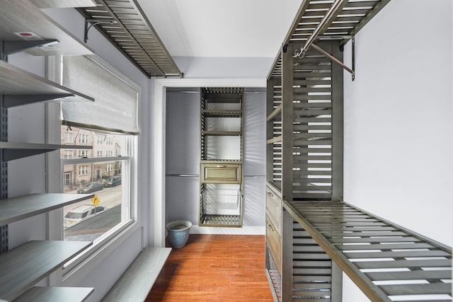 walk in closet with wood finished floors