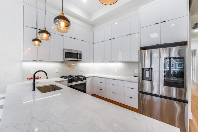 kitchen with a sink, stainless steel appliances, and modern cabinets