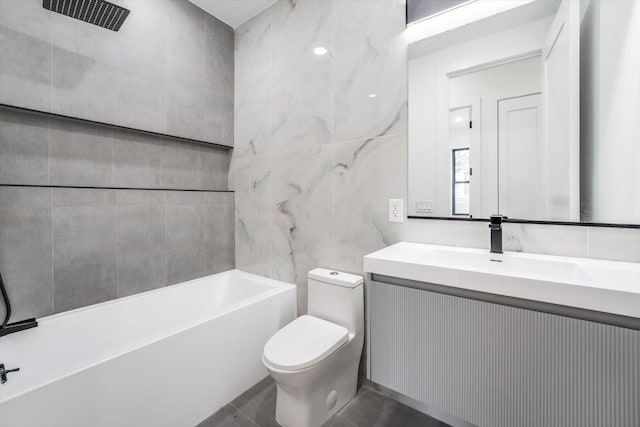 bathroom featuring a tub, toilet, vanity, tile walls, and a shower