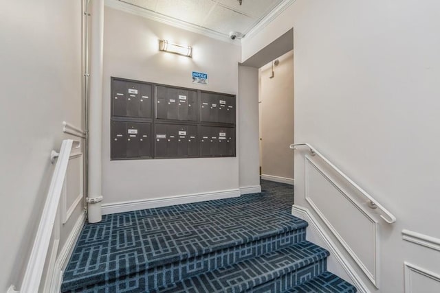 interior space with mail area, baseboards, and ornamental molding