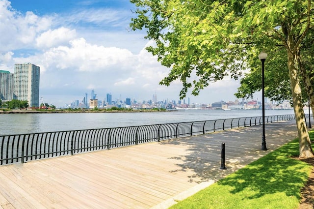 view of property's community with a view of skyline and a water view
