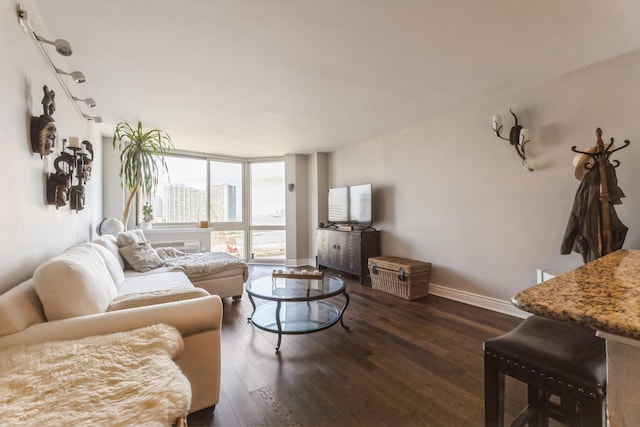 living area featuring dark wood finished floors and baseboards