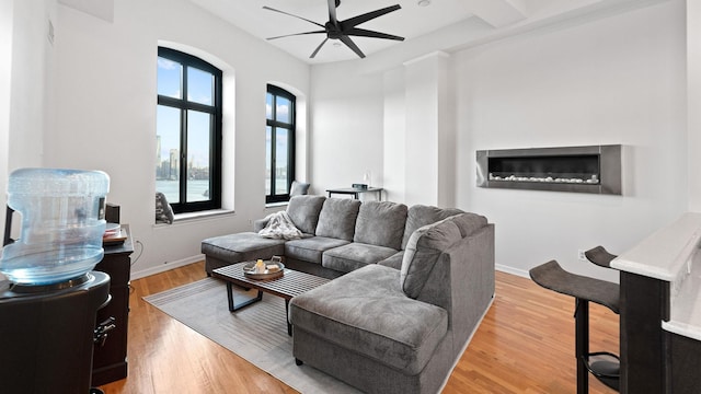 living room featuring ceiling fan and hardwood / wood-style floors