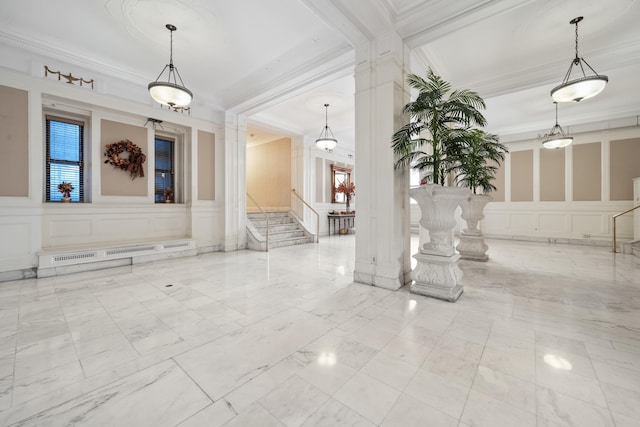 2600 Kennedy Blvd Unit 7L, Jersey City, NJ 07306 - lobby featuring a decorative wall, ornamental molding, a wainscoted wall, and stairs