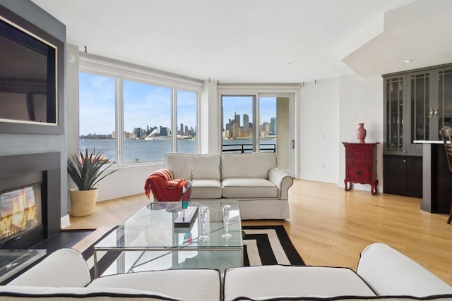 600 Harbor Blvd Unit 973/975, Weehawken, NJ 07086 - living room with wood finished floors, a fireplace with flush hearth, healthy amount of natural light, and a view of skyline