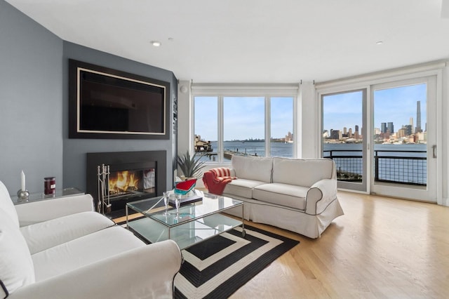 600 Harbor Blvd Unit 973/975, Weehawken, NJ 07086 - living area featuring wood finished floors, plenty of natural light, and a glass covered fireplace