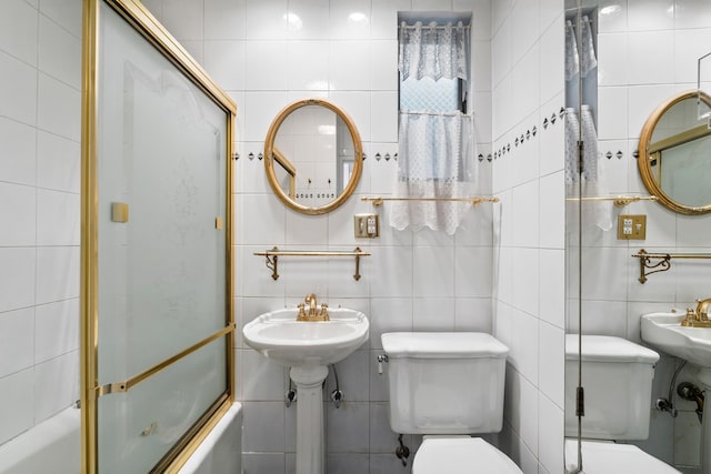 388 Kennedy Blvd, Bayonne, NJ 07002 - bathroom featuring tile walls, bath / shower combo with glass door, and tasteful backsplash