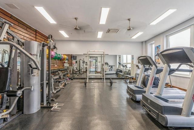 gym with visible vents and a ceiling fan