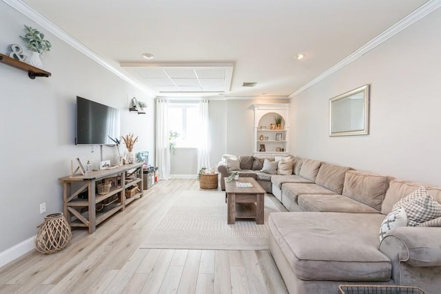 living room with crown molding, baseboards, visible vents, and light wood finished floors