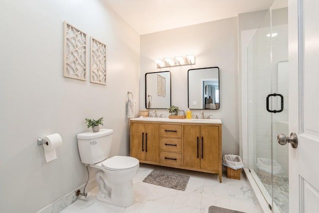 full bath featuring marble finish floor, toilet, a shower stall, and a sink