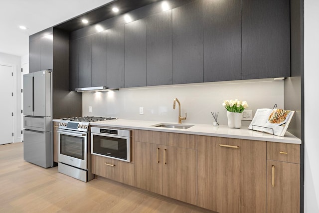 kitchen featuring stainless steel appliances, a sink, light wood-style flooring, and modern cabinets