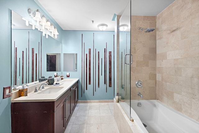 15 Freedom Way Unit 401, Jersey City, NJ 07305 - bathroom with a tile shower, tiled bath, double vanity, and tile patterned floors