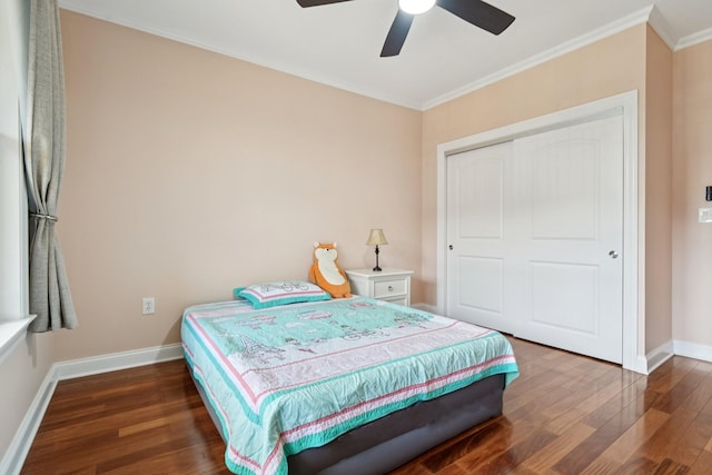 22 Ave At Port Imperial Unit 227, West New York, NJ 07093 - bedroom with crown molding, wood finished floors, a closet, and ceiling fan