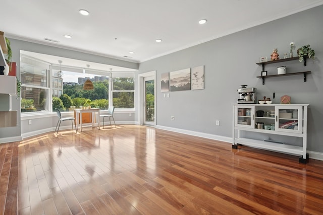 22 Ave At Port Imperial Unit 227, West New York, NJ 07093 - unfurnished living room with wood finished floors, recessed lighting, and ornamental molding