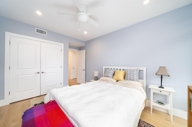 74 Madison St Unit 2, Hoboken, NJ 07030 - bedroom featuring a closet, light wood finished floors, recessed lighting, baseboards, and ceiling fan