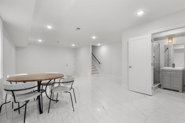119 Van Horne St Unit 1, Jersey City, NJ 07304 - dining space with stairs, recessed lighting, and light marble finish flooring
