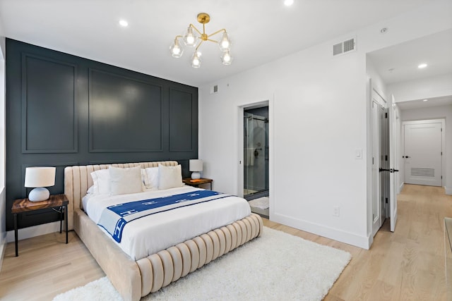 bedroom with recessed lighting, light wood-type flooring, visible vents, and baseboards