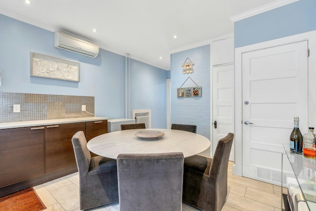 7 Clifton Ter, Weehawken, NJ 07086 - dining room with ornamental molding, a wall mounted air conditioner, and recessed lighting