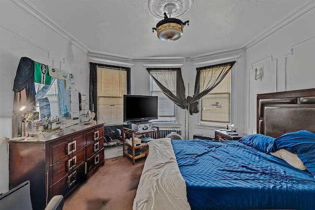 carpeted bedroom featuring multiple windows and crown molding