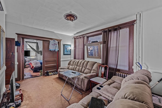 living room with carpet flooring and radiator