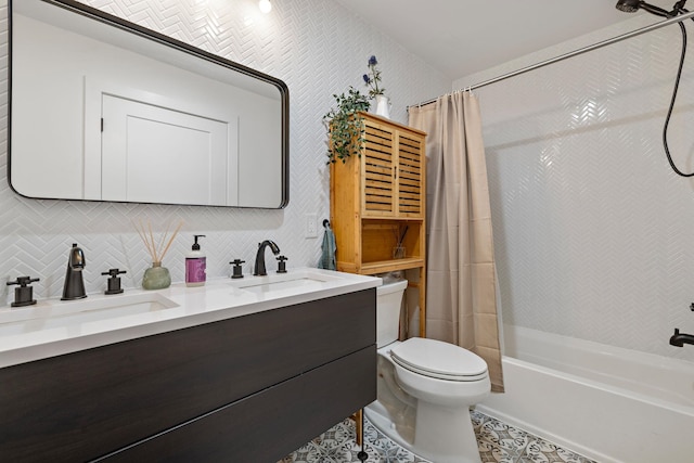 full bathroom featuring vanity, toilet, shower / tub combo, and decorative backsplash