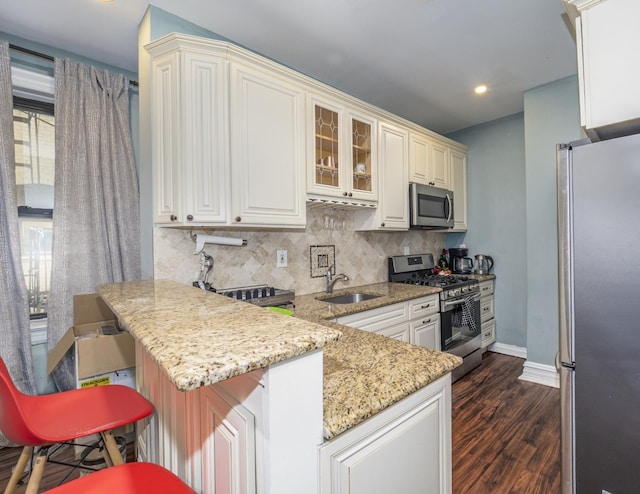 53 Duncan Ave Unit 31, Jersey City, NJ 07304 - kitchen with stainless steel appliances, a peninsula, tasteful backsplash, dark wood-style flooring, and light stone counters