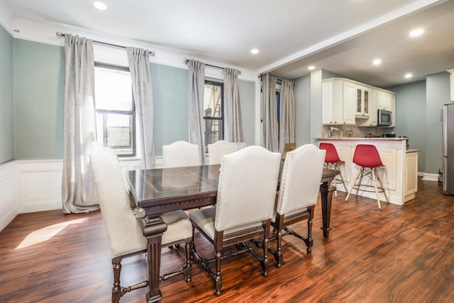 53 Duncan Ave Unit 31, Jersey City, NJ 07304 - dining space with dark wood-style flooring, a wainscoted wall, and recessed lighting