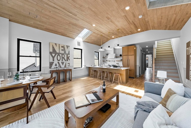 166 New York Ave Unit 2, Jersey City, NJ 07307 - living room with lofted ceiling, a skylight, wainscoting, light wood-style flooring, and wood ceiling