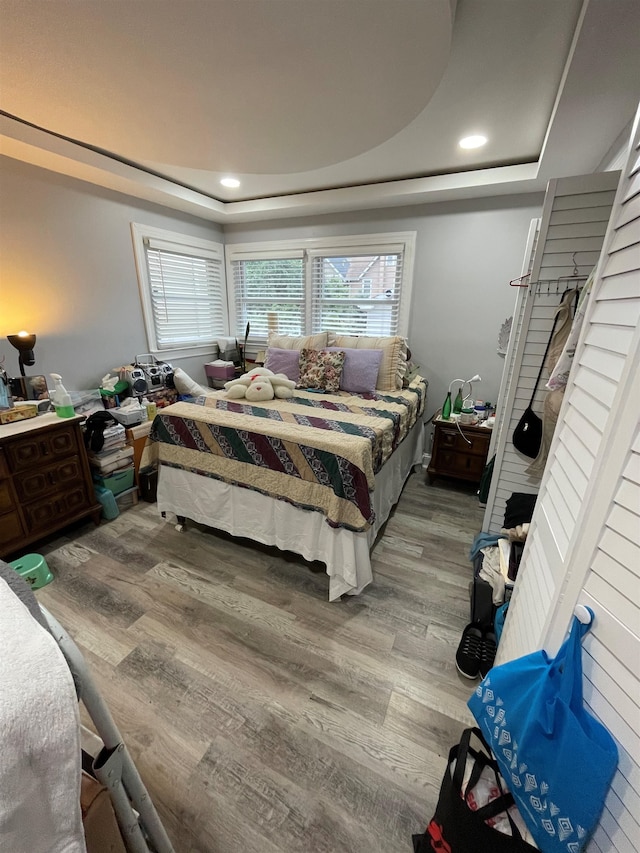 bedroom with a tray ceiling and hardwood / wood-style flooring