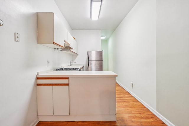 315 Pavonia Ave Unit 3, Jersey City, NJ 07302 - kitchen with stainless steel appliances, a peninsula, light countertops, light wood finished floors, and under cabinet range hood