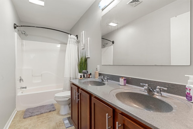 437 Rose Ave, Jersey City, NJ 07305 - bathroom with shower / bath combination with curtain, toilet, double vanity, and tile patterned flooring