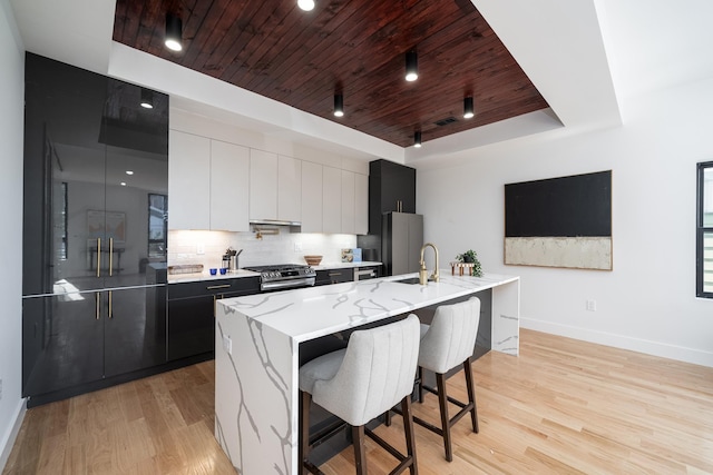 kitchen with modern cabinets, appliances with stainless steel finishes, wooden ceiling, decorative backsplash, and a raised ceiling